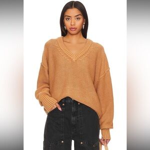 Free People Alli V-Neck Sweater in Camel size Medium